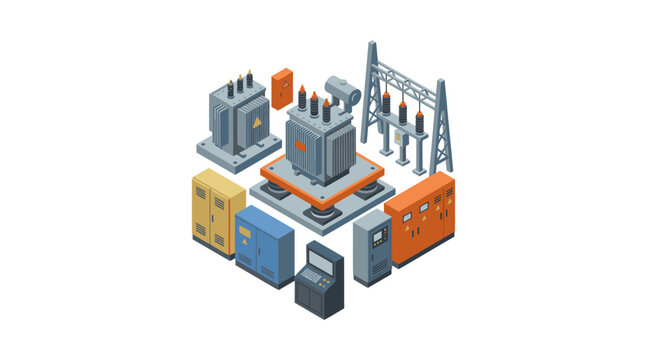 Corporate Isometric of Electrical Power Grid and Substation Equipment with Transformers Switchgears and Control Panels