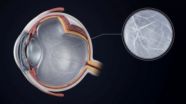 Anatomical illustration of the human eye showing a cross-section and a magnified view of the vitreous humor's fibrous structure.