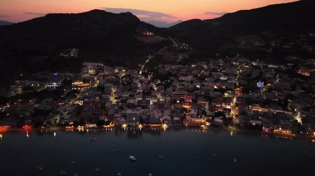 Drone footage of Tolo town in the Peloponnese, Greece at dusk