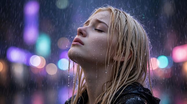 Sad blonde woman in rain at night letting emotional pain wash away
