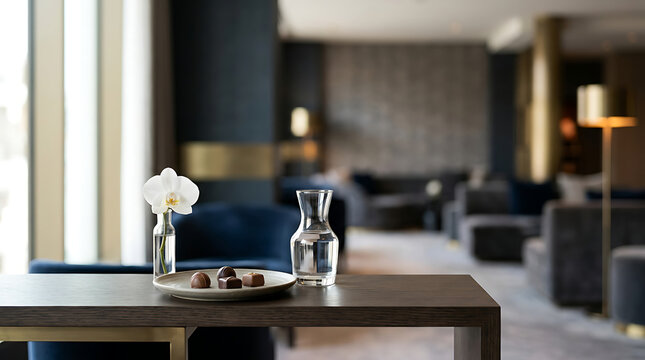 Elegant Hotel Lounge Interior with Gourmet Chocolates and Fresh White Orchid