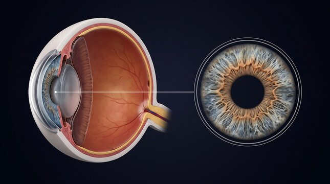 Detailed anatomical cross-section of the human eye with a magnified view of a complex iris structure.