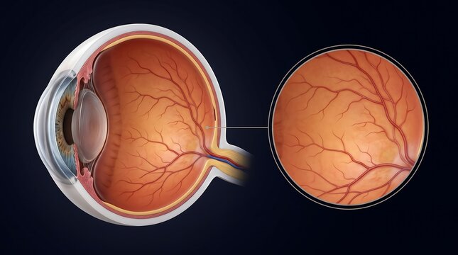 Detailed anatomical illustration of the human eye with a magnified view of the retina and its vascular network.