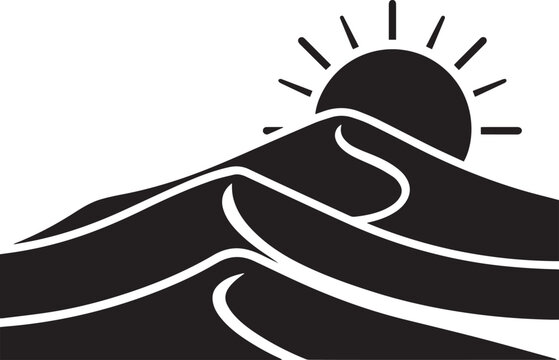Black and white desert dunes landscape with rising sun vector illustration isolated on white background, outdoor adventure t-shirt print emblem