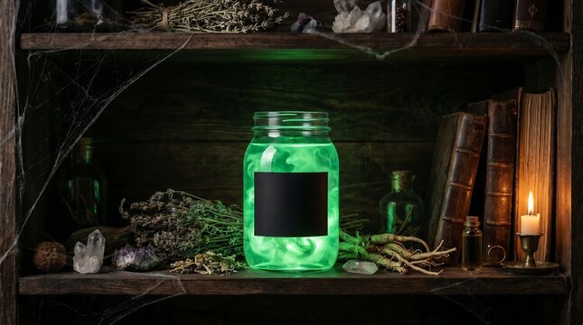 Glowing green potion jar on wooden shelf with cobwebs