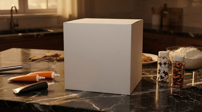 White cardboard box on kitchen counter with baking tools