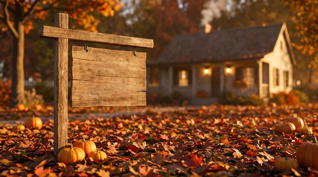 Blank wooden real estate sign in autumn yard with pumpkins