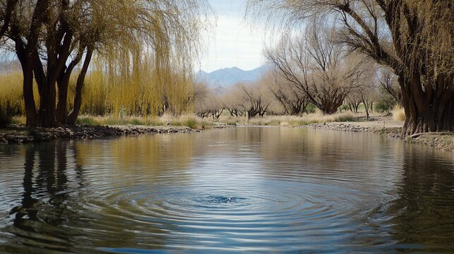 Tranquil pond ripples, willow trees, mountain backdrop, serene oasis