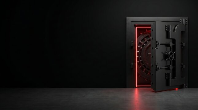 Open black bank vault door with red light glow