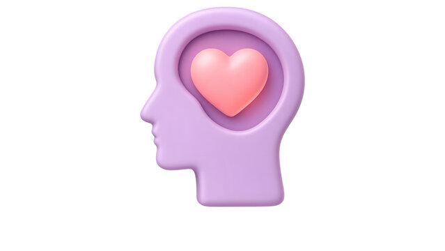 3D mental health icon of purple human head with pink heart. Emotional intelligence and empathy concept. Soft clay style brain health illustration.