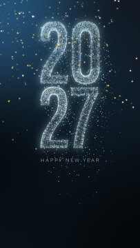 Vertical Happy New Year 2027 stacked text made of sparkling golden glitter particles for mobile story and reels.