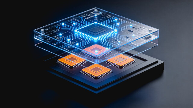 3D Rendered Semiconductor Chip Circuit Board Layout