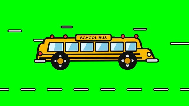 Yellow school bus driving on road with green screen background