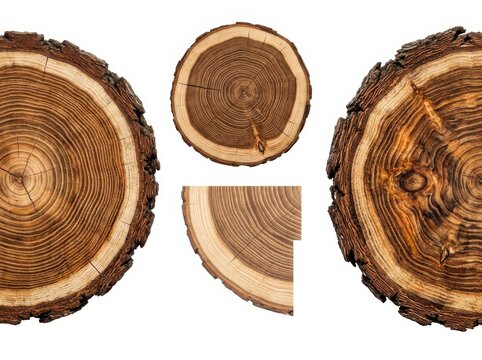 Set of round wooden tree log cross sections with natural rings and bark