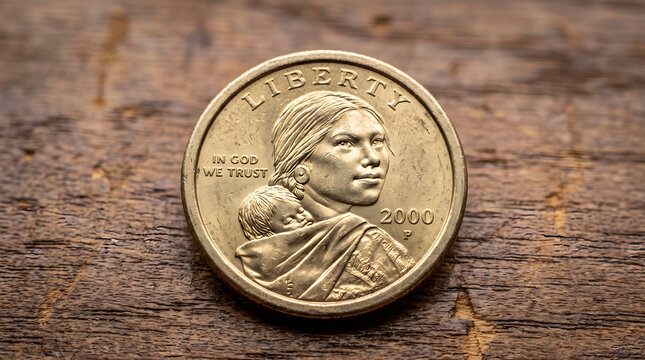 Golden Sacagawea US one dollar coin lying flat on a wooden background for financial wealth economy numismatics and monetary investment stock concept