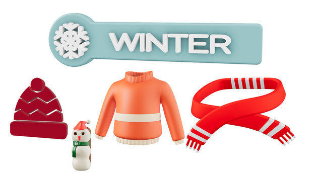 3D winter clothing icons set, red knitted hat and scarf with orange sweater, cute snowman and winter banner on white background
