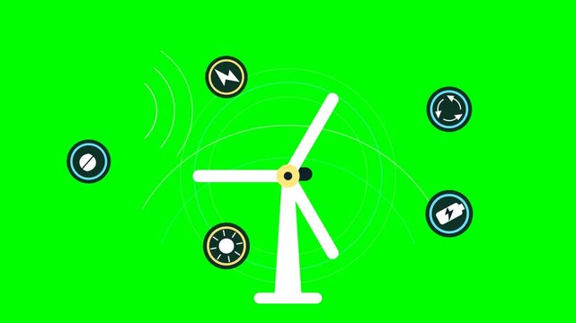 Wind turbine with renewable energy icons on green screen
