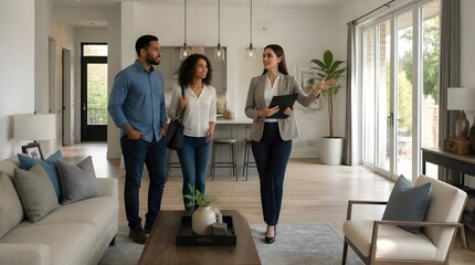 Fototapeta premium Real Estate Agent Showing Modern Home to Couple