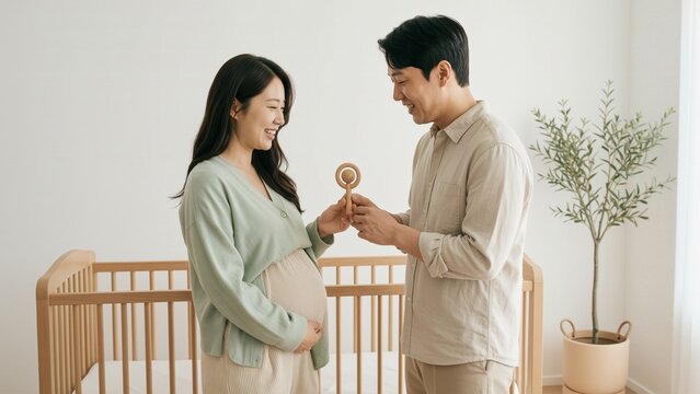 Family - Asian pregnant woman and her husband looking at a baby toy next to a crib
