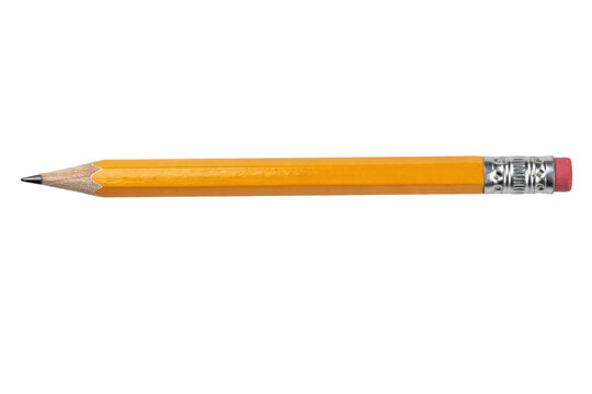 A single sharpened yellow wooden pencil with a pink eraser and metal ferrule isolated on a transparent background