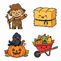 Fototapeta premium Kawaii Autumn Farm Character Set