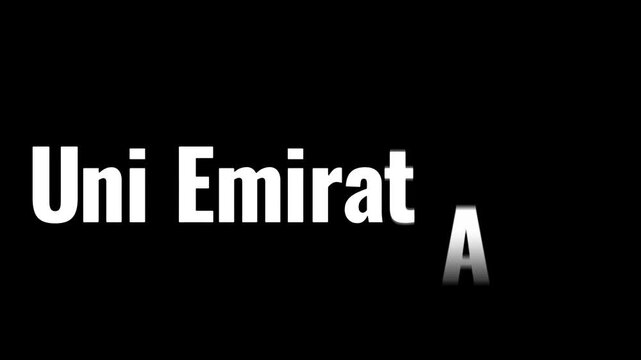 Dynamic motion typography text design with white font reading Uni Emirat on a solid black background