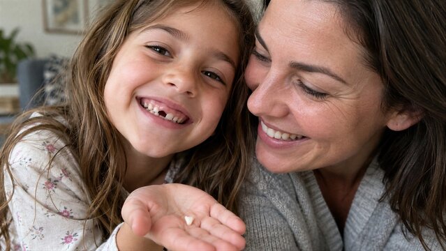 Young Girl Smiling With Missing Tooth Beside Her Mother