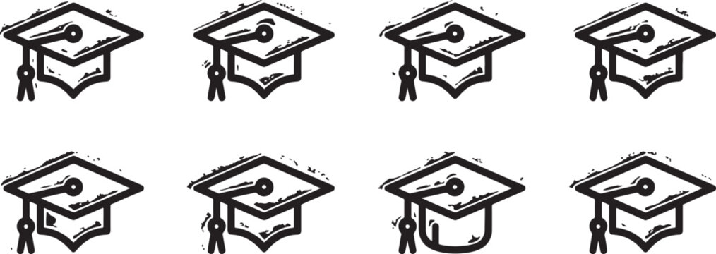 Graduation Caps Icon Set, Minimalist Design, Black and White Illustration Featuring Cap, Mortarboard