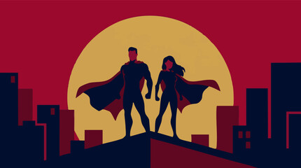 Superhero Couple Silhouettes Overlooking City Skyline at Sunset © DanKreed