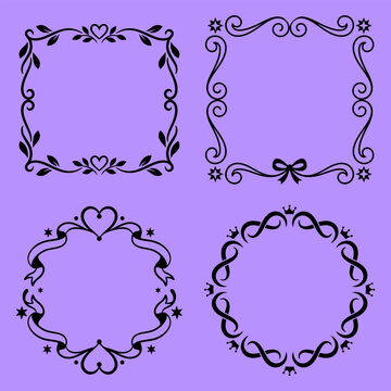 Vintage decorative frames set with hearts, leaves, stars, bow tie and crowns on purple background