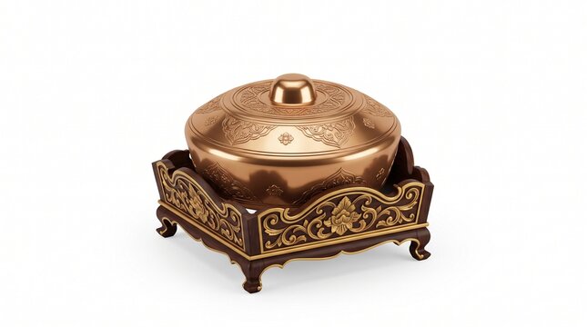 Polished bronze kenong, a traditional Indonesian percussion instrument vital to the Gamelan orchestra, artfully displayed on an ornate wooden stand
