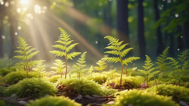 Young fern plants growing on forest floor