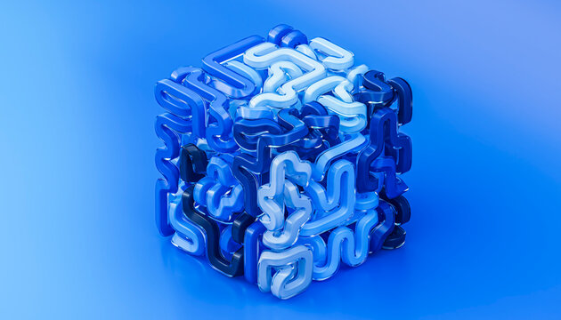 Abstract 3D maze made of transparent blue glass tubes on a dark background