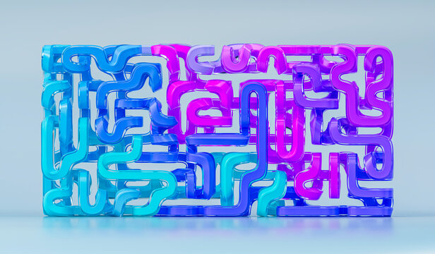 Blue 3D glass structure composed of interconnected tubular forms