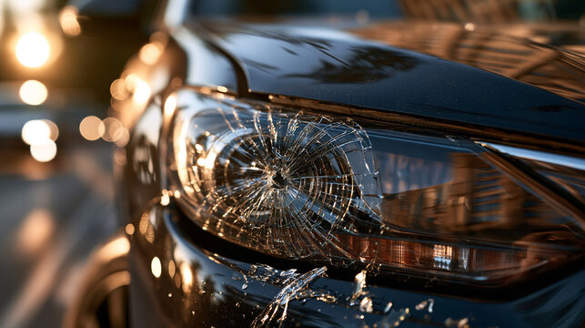 Close up of a car with a cracked headlight and shattered glass in a bright outdoor setting vehicle damage assessment auto insurance repair concept automotive maintenance