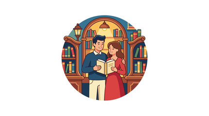 Naklejka premium Couple Reading Together in Library Setting.