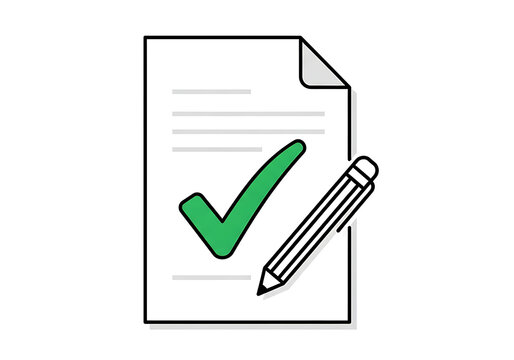 Paper document with green checkmark and pencil for approval