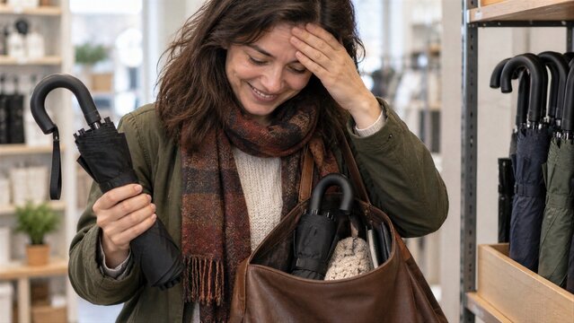 Woman in a shop smiling with her hand on her head holding a folding umbrella