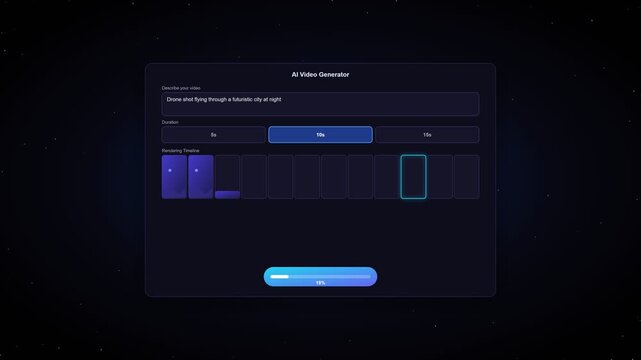 AI video generator interface processing text prompt for futuristic city drone footage, static shot.