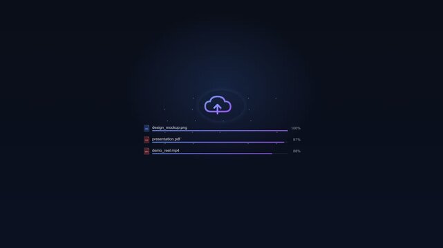 Cloud storage interface uploading files with progress bars on dark background, motion graphics.