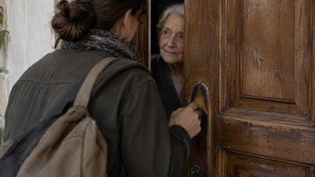 Senior Woman Looking Out of Partially Opened Wooden Door at Visitor