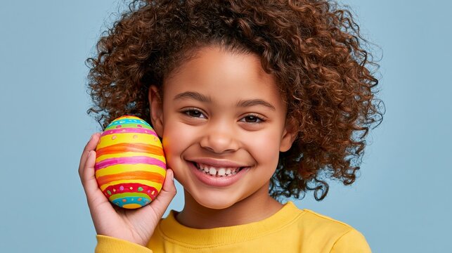 Smiling child with curly hair holds colorful striped Easter egg against solid blue background in studio portrait shot.