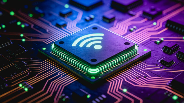 Wifi Enabled Microchip On Printed Circuit Board Close Up