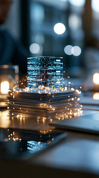 Stack of physical paper documents beside a glowing digital database server icon on a bright office desk paperless transition data entry document archiving business technology