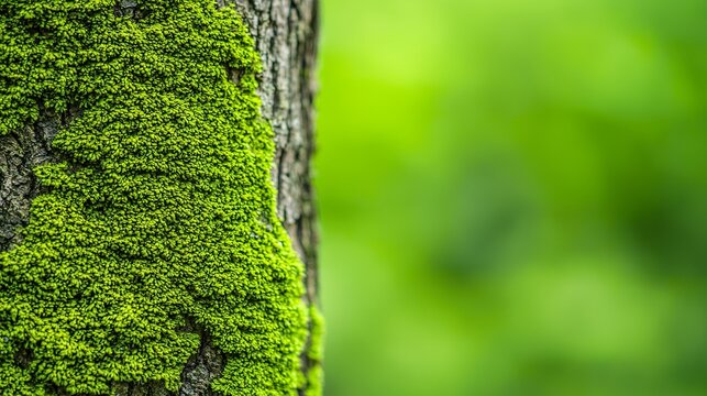 Close-up of green moss on a tree trunk background, soft and vibrant