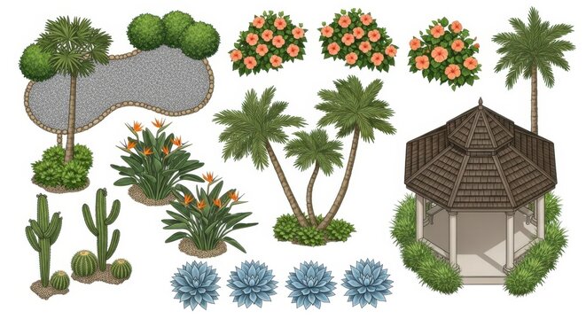 Garden landscape elements with plants and wooden gazebo