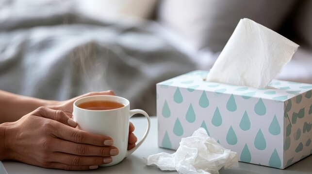 Person holding steaming mug of hot healing herbal tea near the blue paper tissue dispenser box and Used crumpled handkerchiefs. Seasonal illness, flu, common cold, winter wellness, and self care theme