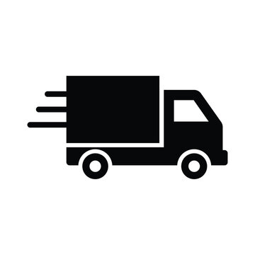 Fast delivery truck icon vector illustration. Black silhouette of moving cargo van with speed lines isolated on a white background