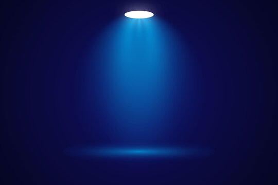 Dark blue background with single bright spotlight shining down on center stage vector illustration.