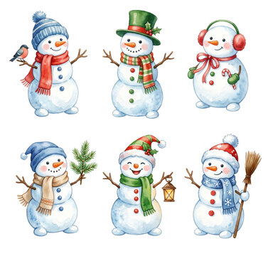 Christmas watercolor snowmen set with scarves hats and accessories, cute winter characters collection isolated on white or transparent background